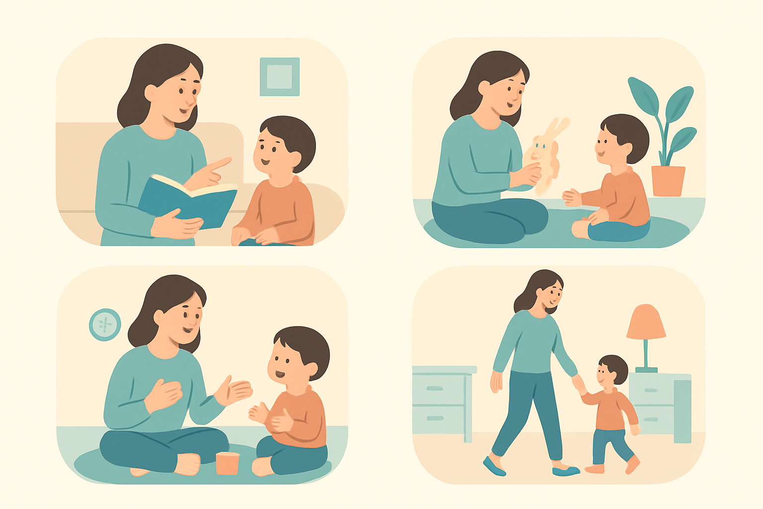 일상 속 실천 가능한 언어 발달 활동를 설명하는 시각적 인포그래픽