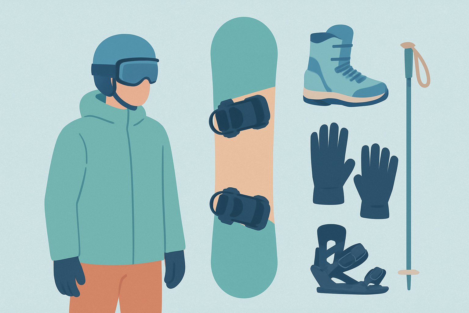 스노보드의 기본 장비를 설명하는 시각적 인포그래픽